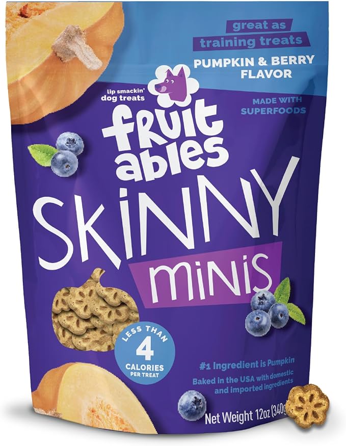 Fruitables Skinny Mini Dog Treats, Healthy Pumpkin Treat for Dogs, Low Calorie & Delicious, Puppy Training, No Wheat, Corn or Soy, Made in the USA, Pumpkin and Berry Flavor, 12oz