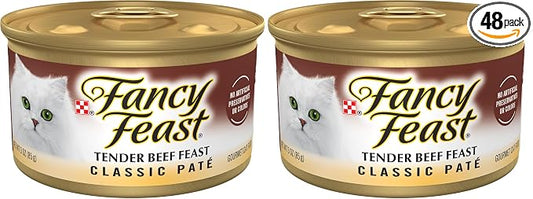 Fancy Feast Purina Tender Beef Feast Classic Grain Free Wet Cat Food Pate - 3 oz. Cans (Pack of 48)