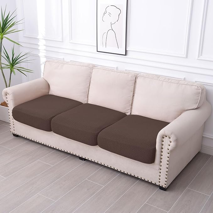 hyha Waterproof Couch Cushion Covers for Pets, Non Slip Sofa Seat Cover for Dogs Washable, Soft Thick Stretch Jacquard Fabric, Sofa Slipcovers with Elastic Bottom (3 Pieces, Brown)