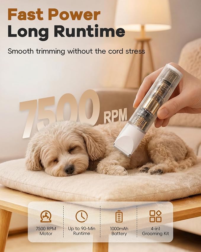 Veeconn Dog Clippers Grooming Kit Hair Clipper-Low Noise Paw Trimmer- Rechargeable - Cordless Quiet Nail Grinder Shaver for Cats and Other Pets