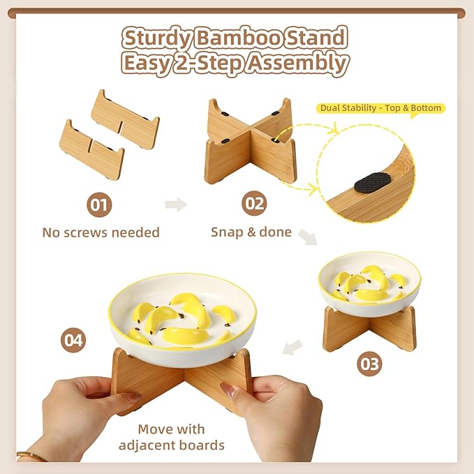 Elevated Slow Feeder Cat Bowl - Ceramic Cat Food Plate with Anti-Slip Bamboo Stand - Whisker Friendly Feeding Bowl - Shallow Maze Dish for Slow Eating - Yellow