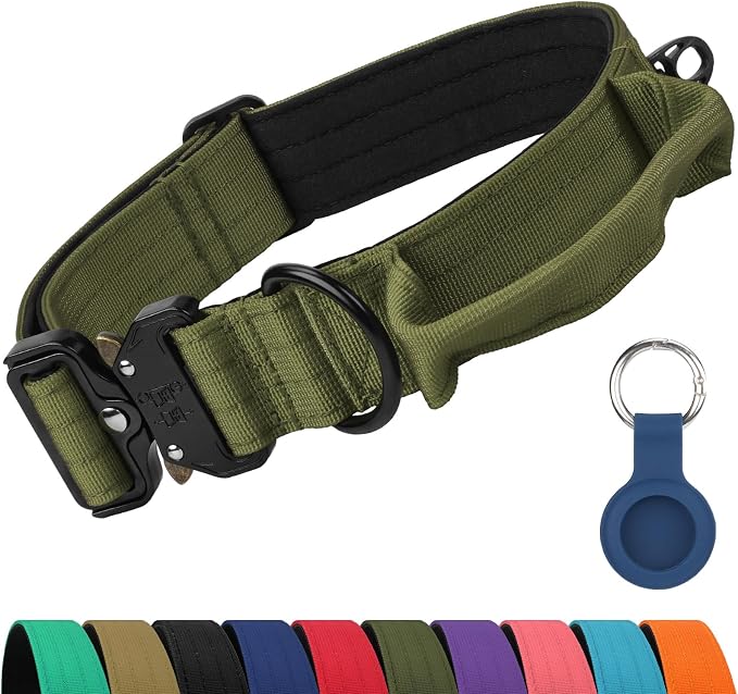 Joytale Tactical Dog Collar for Large Dogs with Control Handle, Heavy Duty Military Training Collar for Power Breeds, AirTag Holder Case, Quick Release Metal Buckle, Soft Padded, L, Army Green