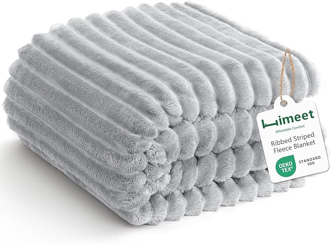 HIMEET Fleece Light Grey Twin Blanket for Bed - 300GSM Ribbed Soft Cozy Outdoor Blanket, Graduation Birthday Gifts for Women Men Teens, College Dorm Essentials Camping Throws, 60x80 Inches