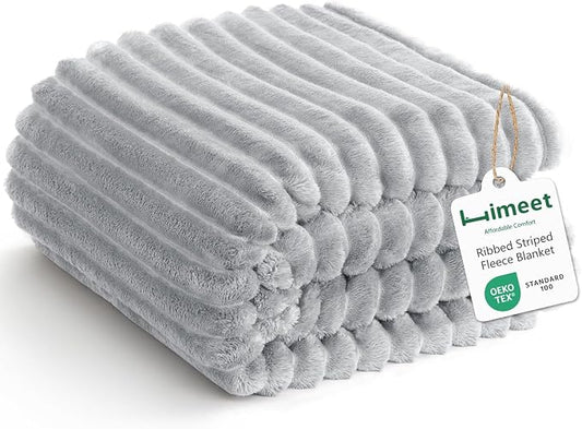 HIMEET Fleece Light Grey Throw XL Blanket for Couch - 300GSM Ribbed Cozy Outdoor Blankets for Travel Camping Nap, Birthday Gifts for Women Men Her, Long Sofa Room Decor Office Throws, 50x70 Inches