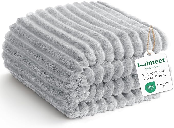 HIMEET Fleece Light Grey Queen Blanket for Bed - 300GSM Ribbed Soft Cozy Bedding Blanket, House Warming Gifts New Home, Luxury Bedroom Decor Throws, 90x90 Inches