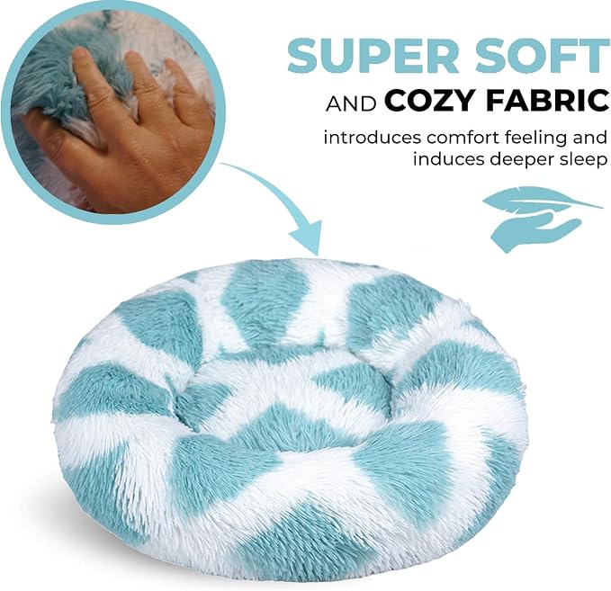 Whiskers & Friends Cat Beds for Indoor Cats, Fluffy Calming Donut Cat Bed, Small Dog Bed Washable - Orthopedic Soft Plush Pet Beds Sized for Kitten to Large Cats & Puppy to Small Dogs - Teal White