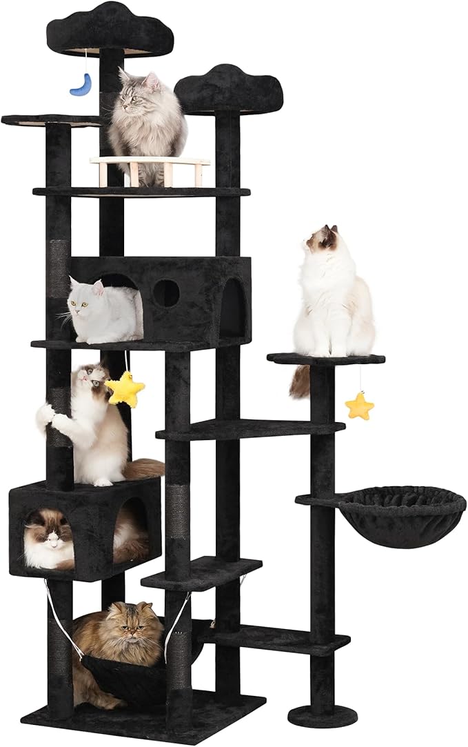 Meecal 79inch Giant Cat Tree for Heavy Duty Big Cats, Multi-Level Luxury Cat Tower with Scratching Post, Cat Condo with Hammocks & Plush Perches for Indoor Cats Large Adult, Black