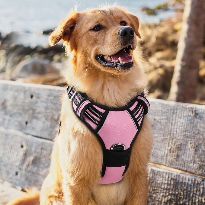 rabbitgoo Dog Harness for Large Dogs, 3 Buckles Easy On & Off No Pull Pet Vest, Soft Padded Walking Pet Harness with Control Handle, Adjustable and Reflective, Light Pink, XL
