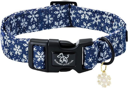 Elegant little tail Christmas Dog Collar, Snow Print Pet Collar Cotton Soft Plastic Buckle Sturdy Puppy Collars Holiday Female or Male Adjustable Collar for X-Small Puppy