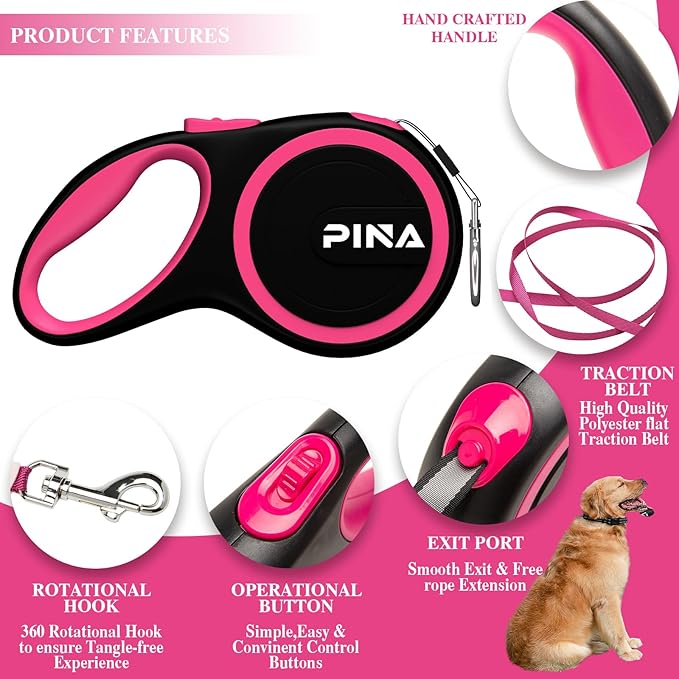PINA Retractable Dog Leash, 10ft Dog Leash for Small Dogs Up to 33lbs, 360° Tangle-Free Strong Reflective Nylon Tape, with Anti-Slip Handle, One-Handed Brake, Lock - Black Pink