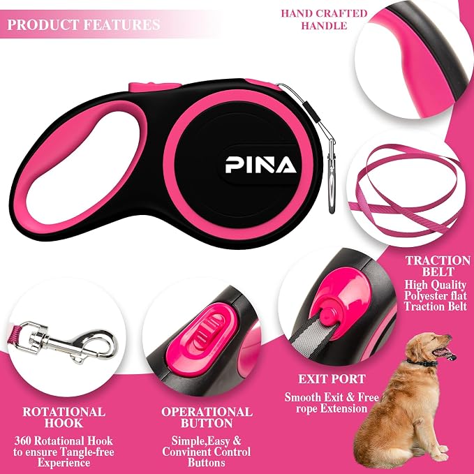 PINA Retractable Dog Leash, 26ft Dog Leash for Small Medium Large Dogs Up to 110lbs, 360° Tangle-Free Strong Reflective Nylon Tape, with Anti-Slip Handle, One-Handed Brake, Lock - 2PACK