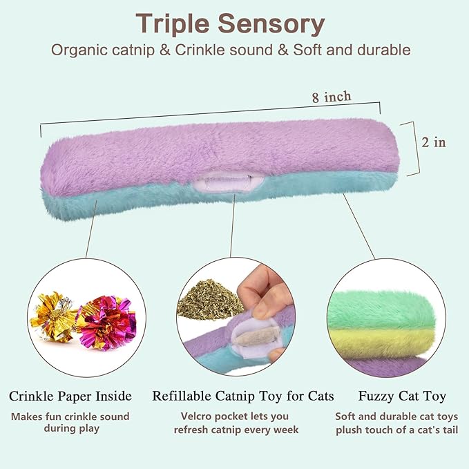 Retro Shaw Refillable Catnip Toys Pillow with Crinkle Sound, Interactive Kicker Cat Toys for Indoor Kittens, Soft Plush Kitty Kick Drives Bored Cat Crazy with Fun