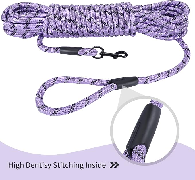 Long Dog Leash for Training 50Ft-Reflective Nylon Rope with Swivel Hook-Recall Agility Lead for Large Small Medium Dogs Outside Walking Hiking-Purple Diam 1/2"