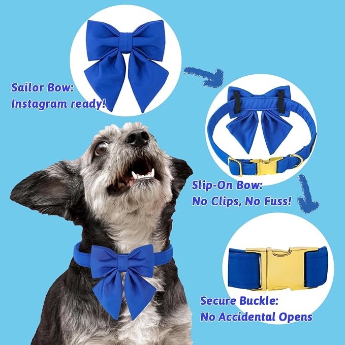 Maca Bates Klein Blue Dog Collar with Cute Solid Sailor Bow Tie for Extra Small Girl Boy Dogs,Adjustbale Durable Breakaway Soft Collars with Bowtie for Female Male Puppy,Pet with Metal Buckle