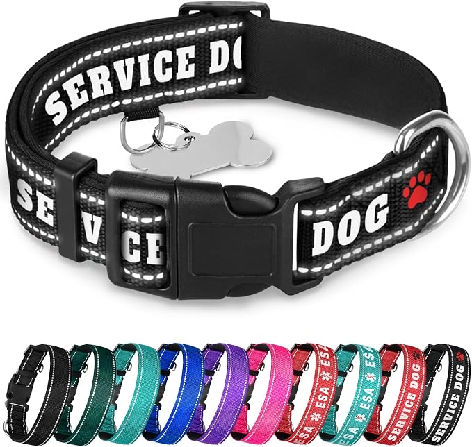 TECEUM Reflective Pet Collar – Black - Service Dog – S – Extra Soft Padding – Basic Nylon Dog Collar – Quick Release Buckle – Fits Small, Medium and Large Dogs, Puppies, Cats