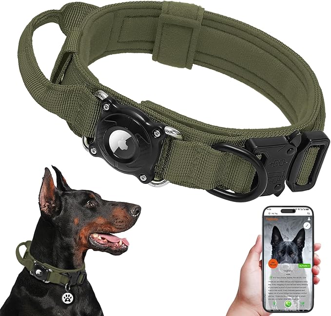 2026 New and Improved AirTag Dog Collar, Military Tactical Dog Collar with Integrated AirTag Holder-Adjustable Control Handle, Durable Metal Buckle,Comfortable GPS Dog Collars (Green, XL)