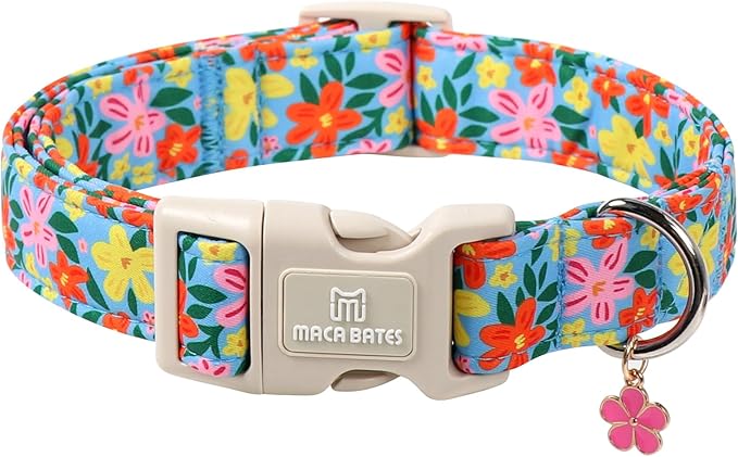 Maca Bates Flower Basic Dog Collar with Blossom Charm for Large Girl Boy Dogs, Hand-Painted Floral Pattern,Pretty Adjustable Durable Soft Flowers Collars Spring Summer Gift for Male Female Puppy