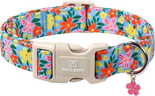 Maca Bates Flower Basic Dog Collar with Blossom Charm for Large Girl Boy Dogs, Hand-Painted Floral Pattern,Pretty Adjustable Durable Soft Flowers Collars Spring Summer Gift for Male Female Puppy
