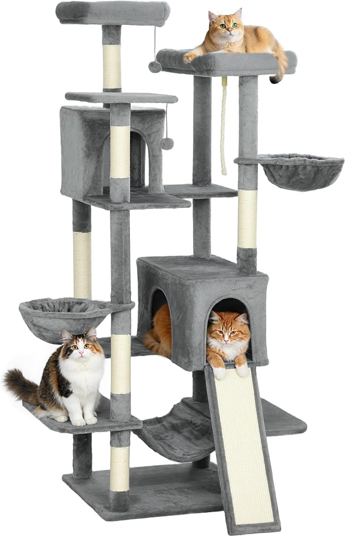 PawHut Flower Cat Tree, 69" Large Cat Tower for Indoor Kittens with 2 Spacious Condos, Sisal Scratching Posts, 2 Hanging Balls, Perches, Ramp, Bed, Dark Gray