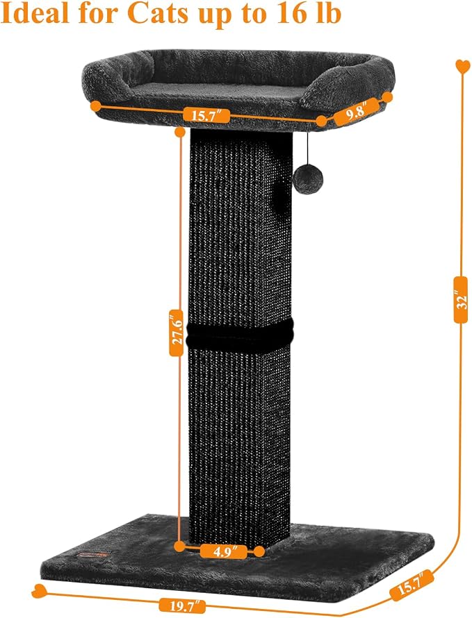 Karolpar 32" Cat Scratching Post for Indoor Cats, Sisal Cat Scratcher with Plush Perch, Large Scratch Post with Bed, Removable Cover, Sisal Fabric,Black