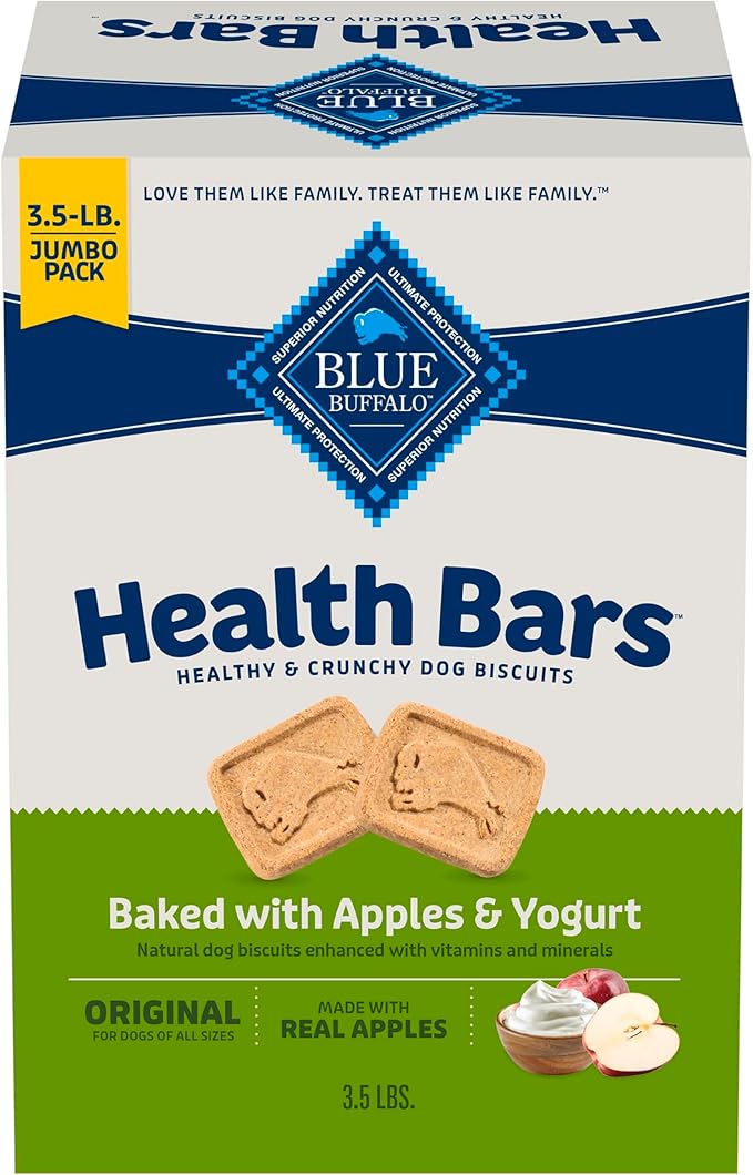 Blue Buffalo Health Bars Apples & Yogurt Crunchy Dog Biscuits, Oven-Baked with Real Apples & Natural Ingredients, Healthy Dog Treats with No Artificial Flavors or Preservatives, Jumbo Box 3.5 lbs.