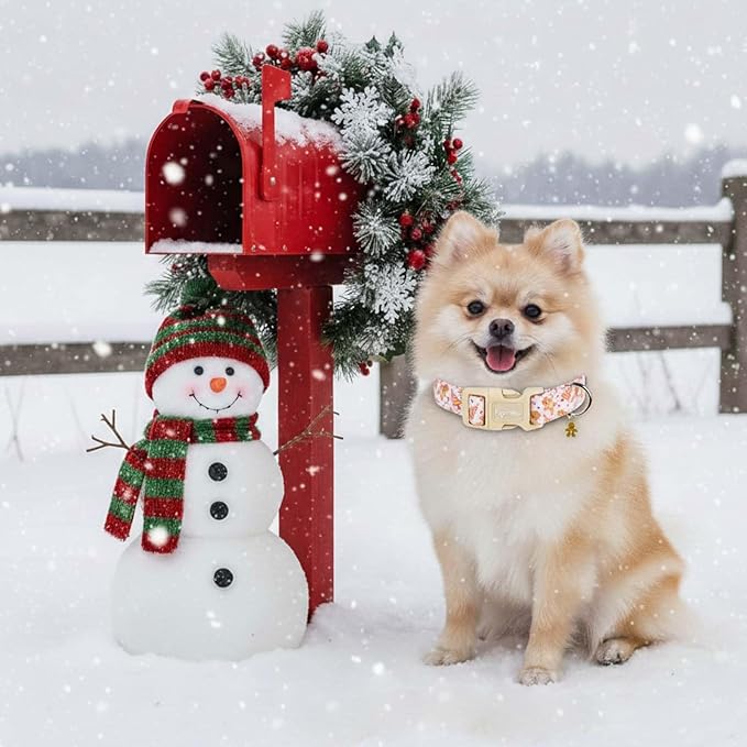 Christmas Dog Collar for Medium Dogs, Adjustable Exquisite Pink Dog Collar with Christmas Gingerbread Man Cartoon Pattern, Winter Holiday Pet Gift for Girl Boy Dogs-M