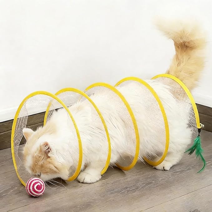 Andiker Spiral Tunnel for Cats, 21.45” Collapsible Cat Tunnel with Feather Toy and Plush Mouse Interactive Cat Toys for Indoor Cats to Relieve Boredom for Kitten (Ball)