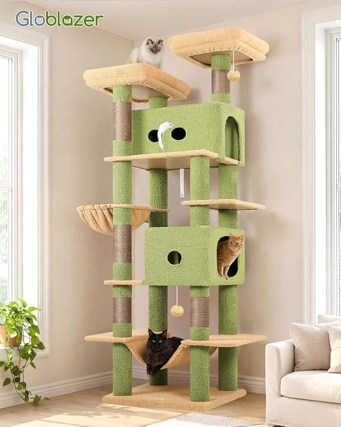 Globlazer Cactus Heavy Duty Cat Tree Tower 80in Tall Extra Large Cat Tree Tower for Multiple Indoor Cats Large Adult with Scratching Posts, 2 Spacious Condos, Padded Perches, Soft Hammock, S80B, Green