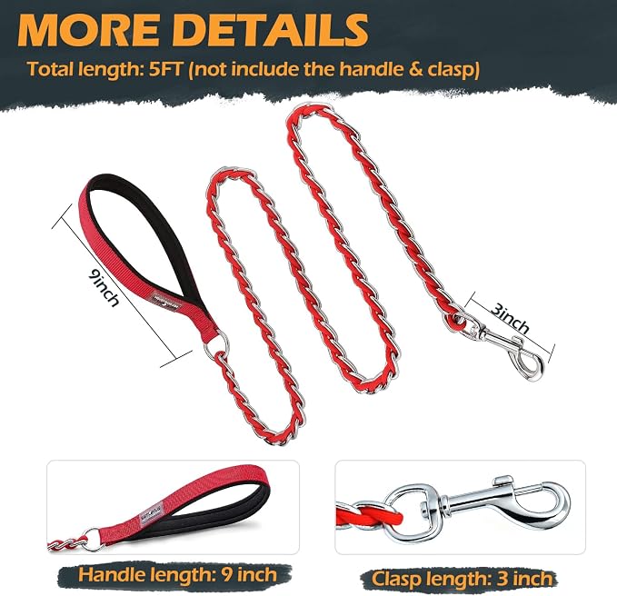 Chain Dog Leash Chew Proof Metal Leash for Medium Large Dogs, Chain Link Dog Anti Chew 5.2FT / 4FT Strong Anti Bite Comfortable Soft Padded Handle (red, 5FT(30-80lb)