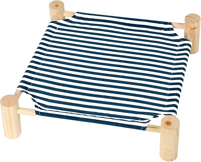 Patas Lague Cat and Dog Hammock Bed for Small Dogs, Brethable Wooden Cat Pet Rabbit Elevated Cooling Outdoor Bed Cots Furniture for Summer Blue Stripe