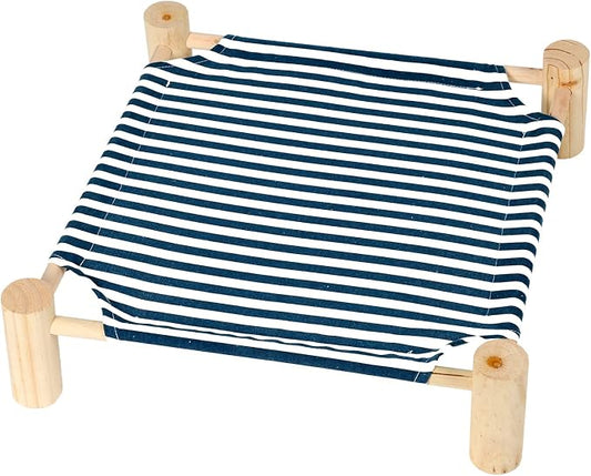 Patas Lague Cat and Dog Hammock Bed for Small Dogs, Brethable Wooden Cat Pet Rabbit Elevated Cooling Outdoor Bed Cots Furniture for Summer Blue Stripe