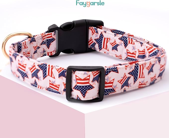 Faygarsle Cotton Dogs Collar Cute 4th of July Independence Day Dog Collars Pink Blue American Flag Star Patterns Dog Collarfor Girl Female Boy Male Small Medium Large Dogs L