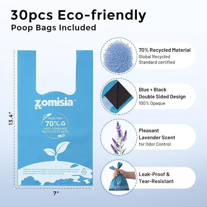 ZOMISIA Handle Tie Poop Bags - Black-Lined Lavender Dog Waste Bags, Extra Thick 100% Leakproof, 70% Recycled GRS Certified, 30 count