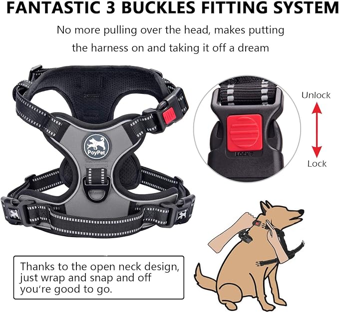 PoyPet No Pull Dog Harness, No Choke Front Lead Dog Reflective Harness, Adjustable Soft Padded Pet Vest with Easy Control Handle for Small to Large Dogs(Grey,S)