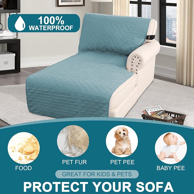 Turquoize 100% Waterproof Sofa Covers Chaise Lounge L Shape Sofa Protector Slip Cover Triple Non-Slip Sofa Slipcover for Chaise Sectional Couch Cover for Pets, Kids (Chaise, Stone Blue)