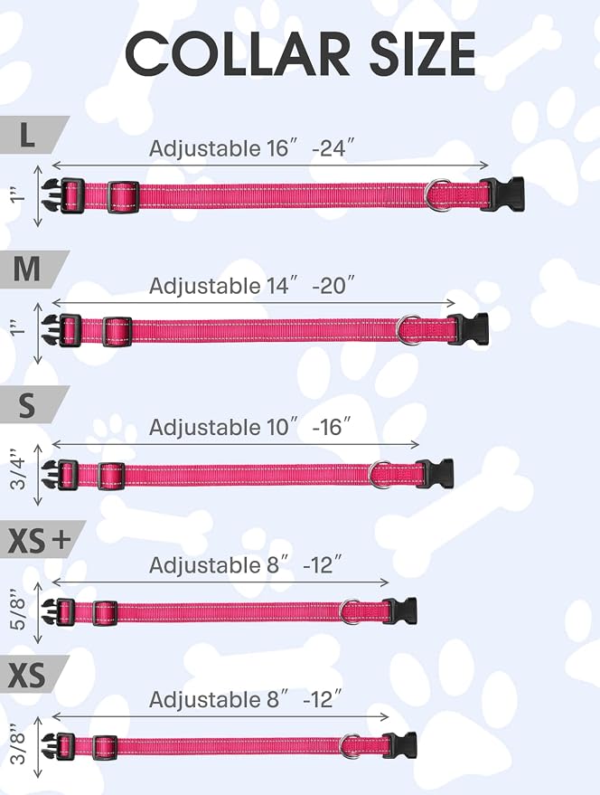 FunTags Length 8" - 12" Reflective Neon Pink Dog Collar for Puppy/Extra Small Dogs – Night Walking & Training Safety, Durable Quick Release Buckle, Nylon, Comfortable Adjustable, Width 3/8"