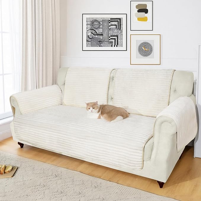 NAISI Couch Covers for Dogs Waterproof Flannel Striped Sofa Cover Pet Friendly Washable Dog Mat for Couch Anti Slip Sectional Sofa Slipcover Protector(1pc/35"x 82",Cream)