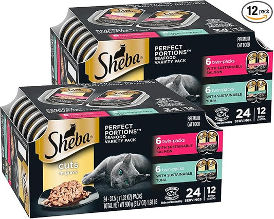 Sheba Perfect Portions Wet Cat Food Cuts in Gravy, Cat Food Wet Recipe, Gourmet Salmon & Sustainable Tuna Entree, 2.6 oz. Twin-Pack Trays (12 Count, 72 Servings) (Pack of 2)