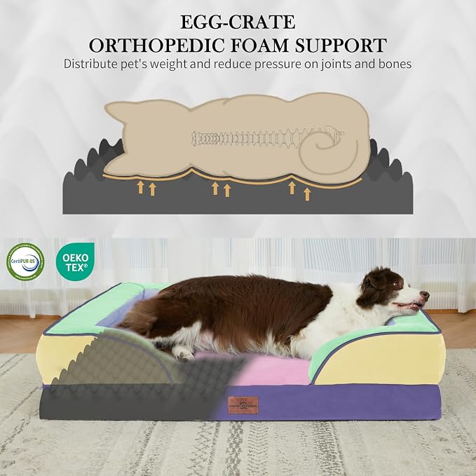 Comfort Expression Orthopedic Dog Bed for Extra Large Dogs 45x35 Inch, Waterproof Egg Crate Foam XL Pet Bed with Bolsters, Dog Couch with Washable Cover & Non-Slip Bottom, Frosted Grape