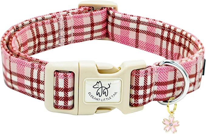 Elegant little tail Dog Collar- Cute Dog Pet Collars Pink Plaid Print Puppy Adjustable Soft Cotton Girl Boy Collars for Small Medium Large Dogs, Large