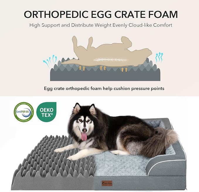 Orthopedic Dog Beds for Extra Large Sized Dogs 53x42 Inch, XXL Waterproof Egg Crate Foam Dog Sofa Bed with Removable Washable Cover Big Pet Couch with Bolster & Non-Slip Bottom, Grey