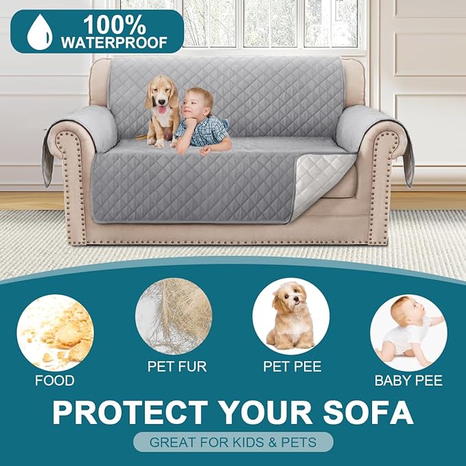 Turquoize 100% Waterproof Couch Cover Sofa Covers for 2 Cushion Couch Loveseat Covers Triple Non-Slip Couch Cover for Dogs Washable Furniture Protector Cover for Pets, Kids(Loveseat 54",Dove Gray)