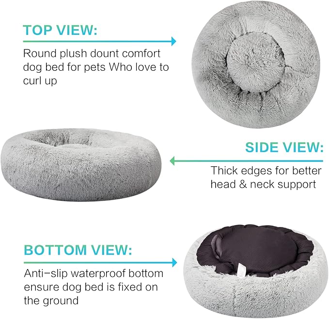 SAVFOX 30 inches Calming Donut Dog Bed - 3X Durable Plush Faux Fur, Machine Washable & Non-Slip, Fits up to 45 lbs, Light Grey