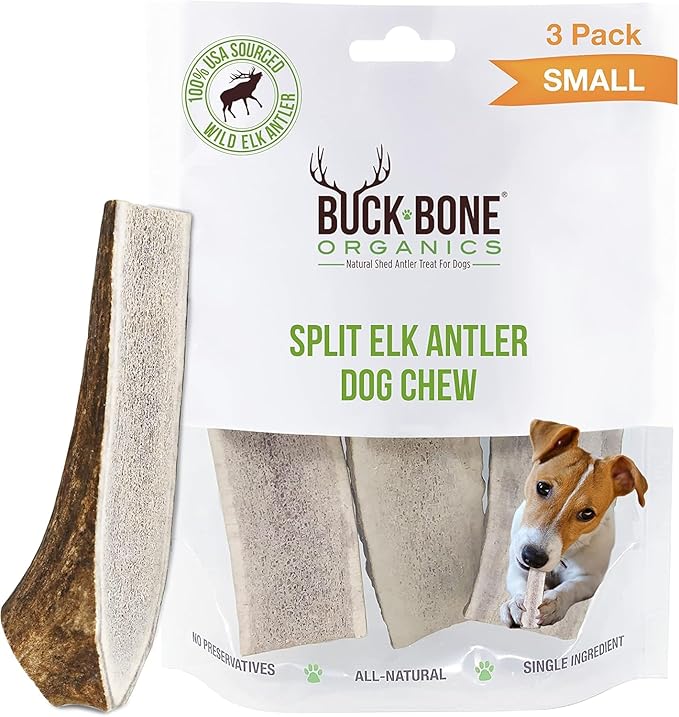 Buck Bone Organics Dog Chews, Elk Antlers for Dogs, Long Lasting Dog Bones for Aggressive Chewers, All Natural, No Preservatives, Wild Shed in the USA (Small 3 Pack)