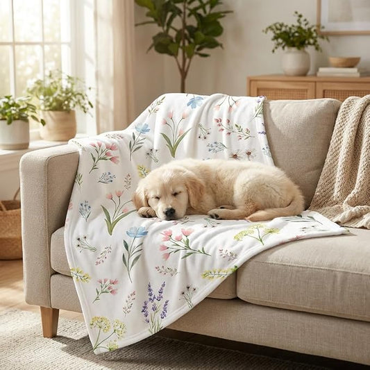 Horaldaily Pets Flannel Blanket, Spring Summer Watercolor Wild Flowers Blooming Soft Fuzzy Fluffy Plush Cozy Fleece Premium Blankets for Dog Cat Puppy Kitten Couch Protection, 30x40