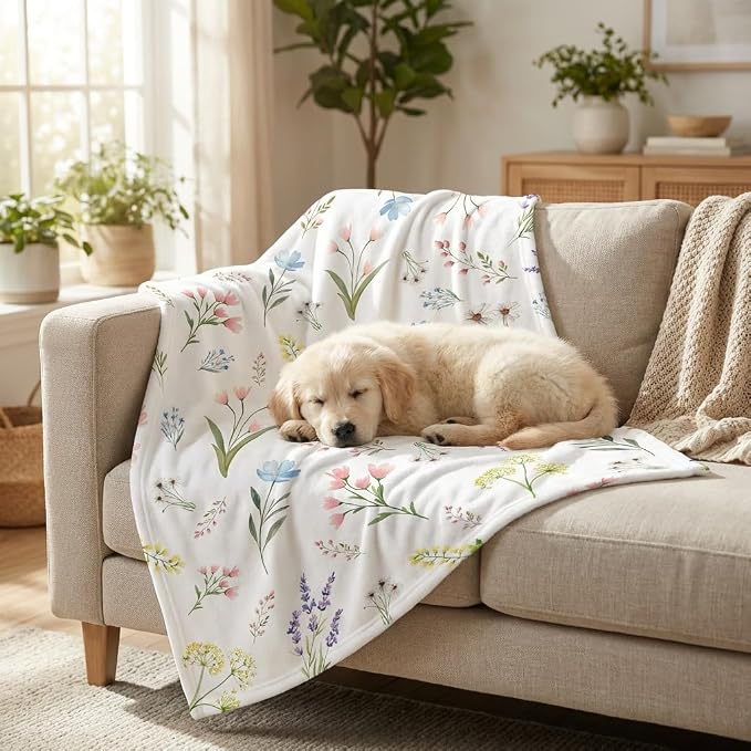 Horaldaily Pets Flannel Blanket, Spring Summer Watercolor Wild Flowers Blooming Soft Fuzzy Fluffy Plush Cozy Fleece Premium Blankets for Dog Cat Puppy Kitten Couch Protection, 20x30