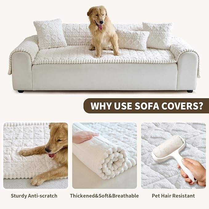 Fuzzy Couch Covers for Dogs, Non Slip Thick Dog Couch Cover Protector, Plush Pet Couch Covers for Sofa Washable, Soft Sofa Cushion Slipcovers Pet Friendly(1PC, Beige White, 27.6”x59.1”)