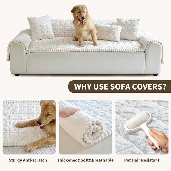 Fuzzy Couch Covers for Dogs, Non Slip Thick Dog Couch Cover Protector, Plush Pet Couch Covers for Sofa Washable, Soft Sofa Cushion Slipcovers Pet Friendly(1PC, Beige White, 27.6”x94.5”)