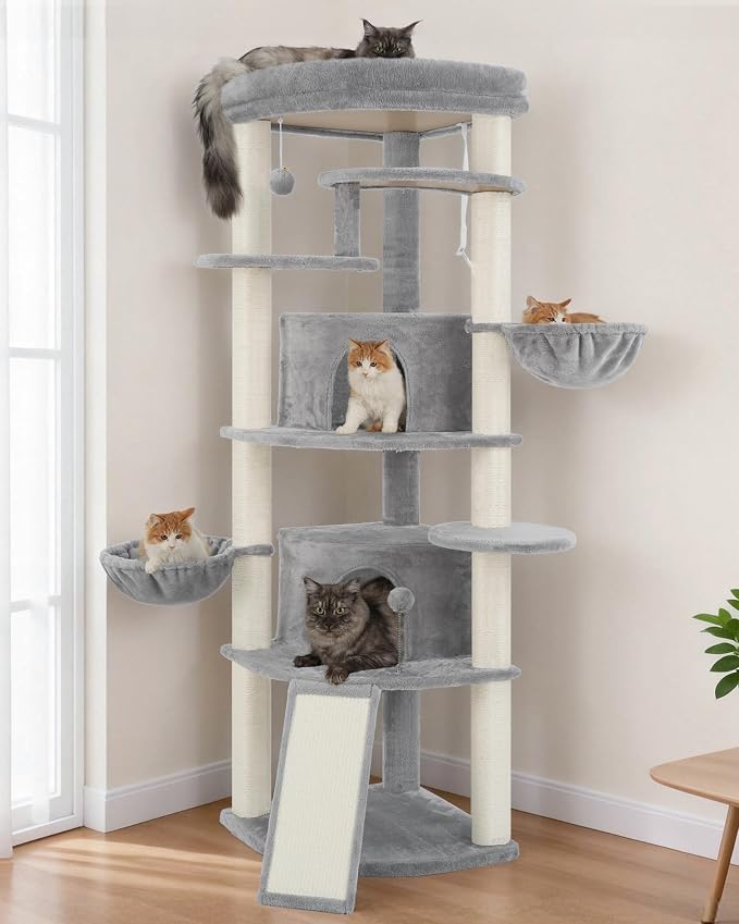 Gitelsnour Corner Cat Tree for Indoor Cats, Cat Tower with All Sisal Scratching Posts, Multi-Level Cat Condo wth 2 Large Cat Caves, Big Top Perch, 2 Hanging Baskets, Sisal Ramp, Light Gray GCT035W