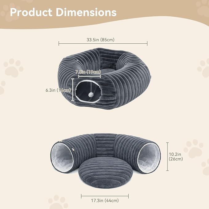 Cat Tunnel Bed Cave - Soft Washable Cushion for Indoor Cats, Peekaboo Hideaway Cave for Indoor Cats, Kittens, Puppies, Rabbits, Luxurious Striped Hare-Feel Fabric, Tunnels for Indoor Cats Large